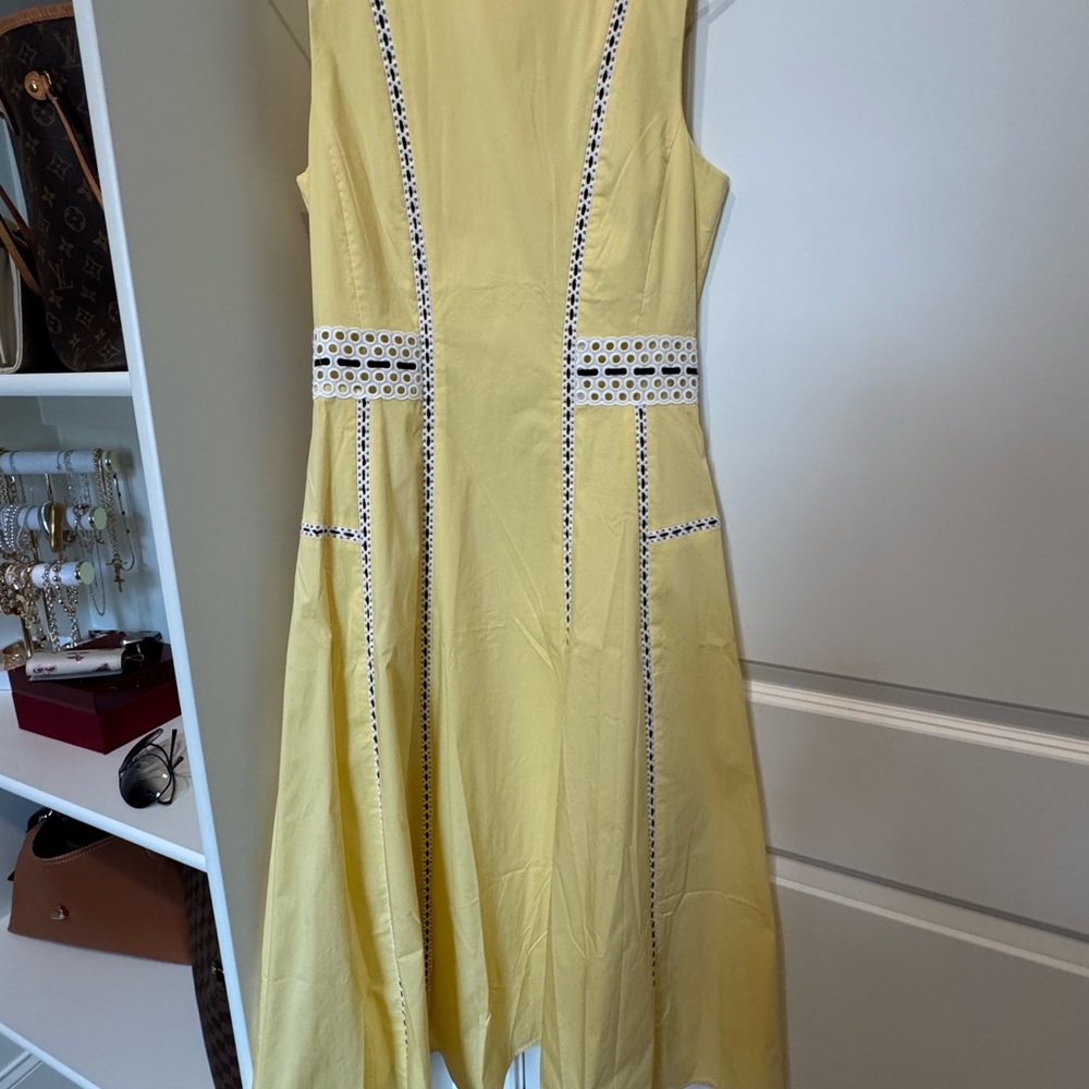 Tanya Taylor Pale Yellow Midi Dress with Eyelet Accents